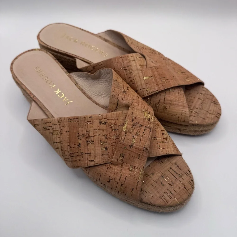Jack Rogers Sloane Cork & Gold Wedge Espadrille Slip On Heeled Sandals Sz 10